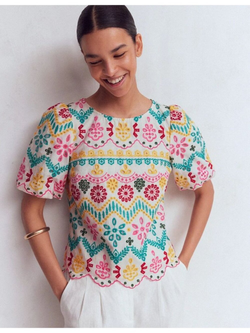 Boden Linen Puff Sleeve Top Multi Broderie Embroidered US size 10